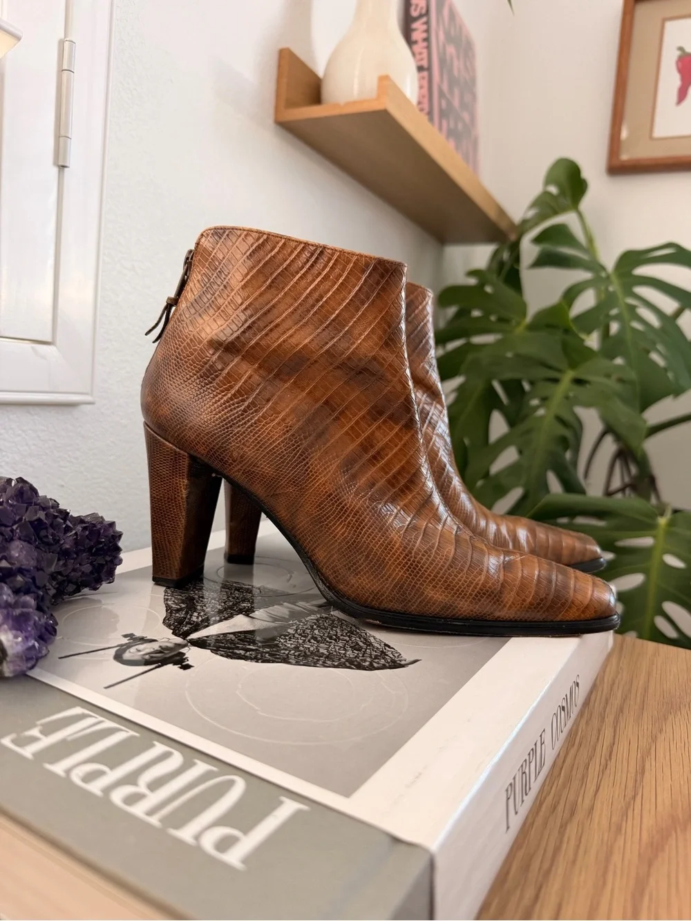 Stuart Weitzman Croc-Embossed Brown Leather Ankle Booties